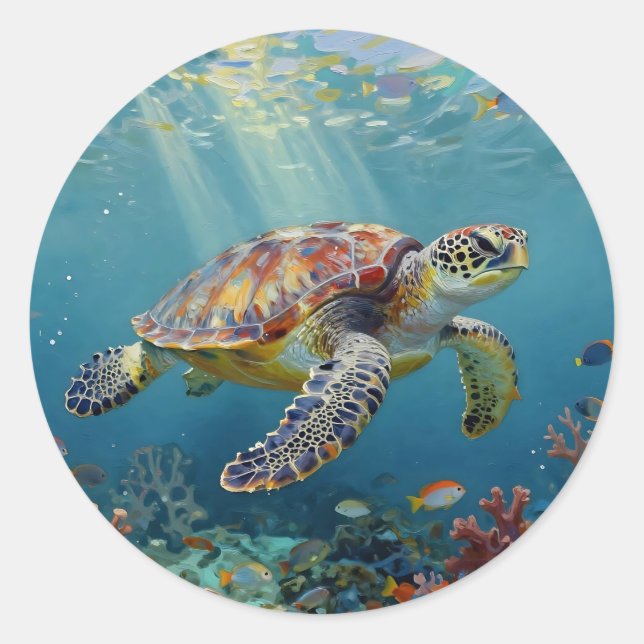 Sticker Rond Une teinte de sarcelle sur le thème de la tortue d (Devant)