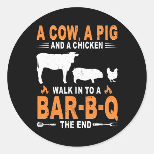 Sticker Rond Une vache un cochon et un poulet entrent dans un R