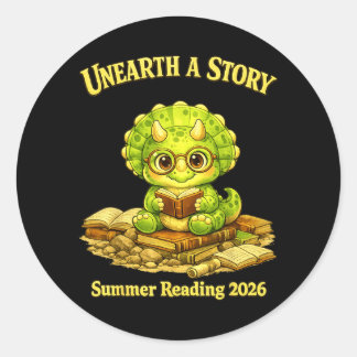 Sticker Rond Unearth a Story Triceratops Dinosaur Reading Books