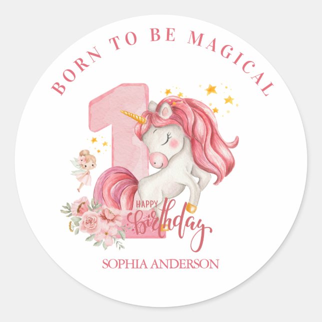 Sticker Rond Unicorn 1st Birthday  Pastel Pink Little Girl  (Devant)