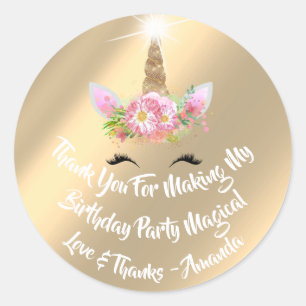 Sticker Rond Unicorn Anniversaire Favoriser Pink Sparkly Or Flo