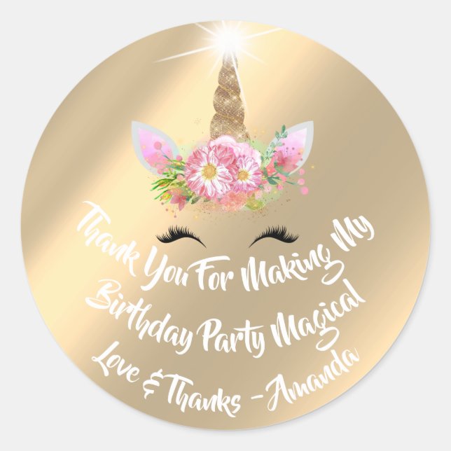 Sticker Rond Unicorn Anniversaire Favoriser Pink Sparkly Or Flo (Devant)