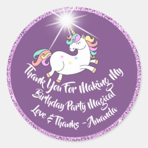 Sticker Rond Unicorn Anniversaire Favoriser pourpre Merci Stars