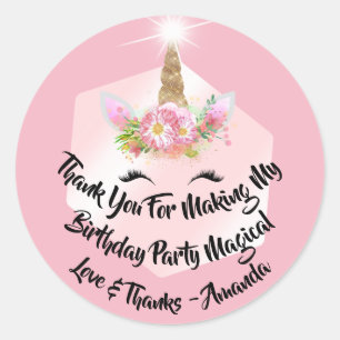 Sticker Rond Unicorn Anniversaire Favoriser Rose Étincelle Rose