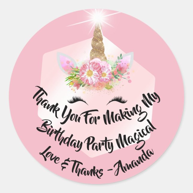 Sticker Rond Unicorn Anniversaire Favoriser Rose Étincelle Rose (Devant)