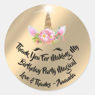 Sticker Rond Unicorn Anniversaire Favoriser Rose Spark Gold Flo