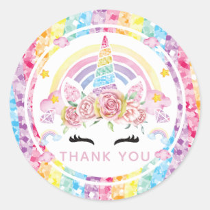 Sticker Rond Unicorn arc-en-ciel Merci d'anniversaire