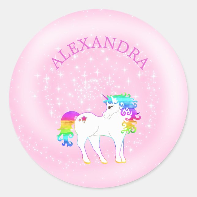 Sticker Rond Unicorn Arc-en-ciel rose filles mignonnes nommé (Devant)