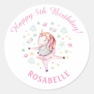 Sticker Rond Unicorn Ballerina Girly PInk fête d'anniversaire