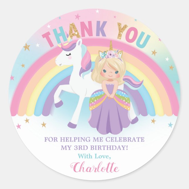 Sticker Rond Unicorn Blonde Princesse Anniversaire Merci Favori (Devant)