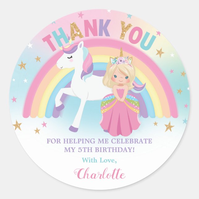 Sticker Rond Unicorn Blonde Princesse Anniversaire Merci Favori (Devant)