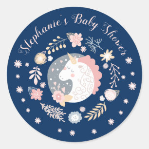 Sticker Rond Unicorn Blush & Navy Baby shower Personnalisé