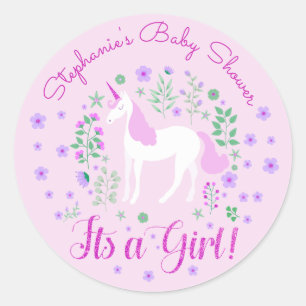 Sticker Rond Unicorn C'Est Une Fille Baby shower Rose Personnal