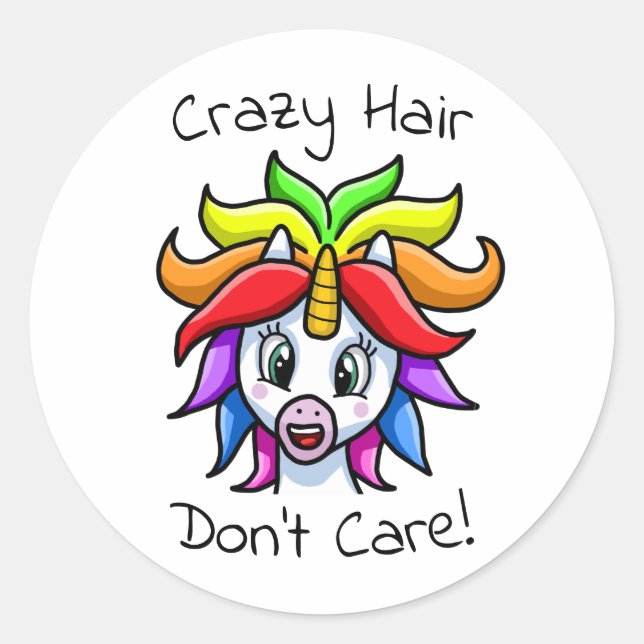 Sticker Rond Unicorn Crazy Hair ne s'en fiche pas drôle (Devant)