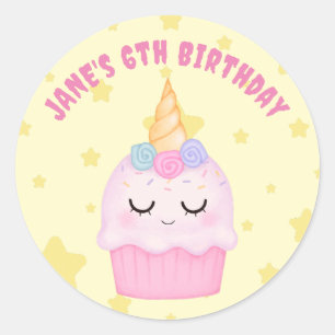 Sticker Rond Unicorn Cupcake Pastel fête d'anniversaire