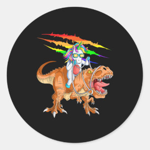 Sticker Rond Unicorn équitation T-Rex Dinosaur