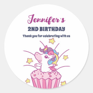 Sticker Rond Unicorn et Cupcake Anniversaire de enfant Party Fa