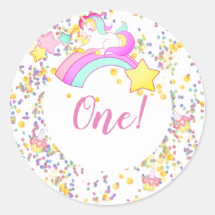 Sticker Rond Unicorn, Etoiles, Cupcakes et Confetti Anniversair
