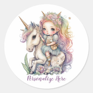 Sticker Rond Unicorn Fairy Princess Rainbow Coloris Personnalis