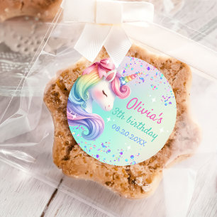 Sticker Rond Unicorn Girl Magique Pastel Rainbow Anniversaire