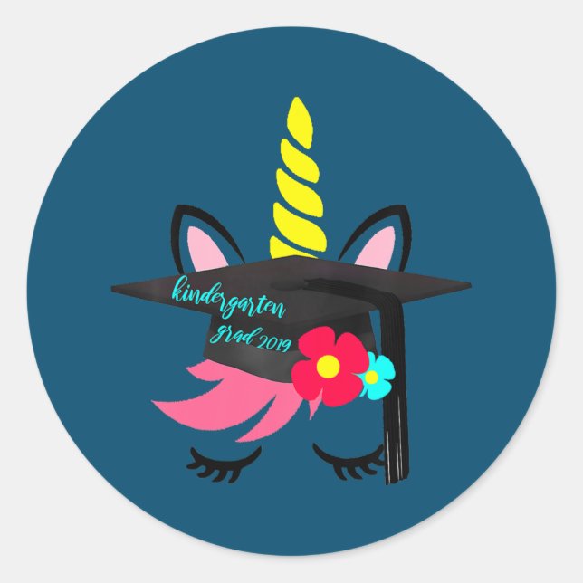 Sticker Rond Unicorn Graduation Cap Flower Kindergarten (Devant)