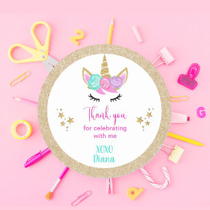 Sticker Rond Unicorn magique Rainbow Merci Party