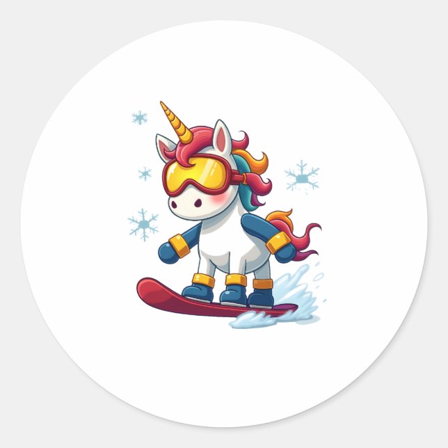 Sticker Rond Unicorn on Snowboard - Funny Ski and Wintersports  (Devant)