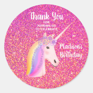 Sticker Rond Unicorn Parties scintillant rose Merci Anniversair