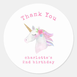 Sticker Rond Unicorn Pastel rose violet fille Merci d'anniversa