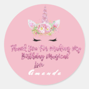 Sticker Rond Unicorn Pink Gold Party Favoriser Tag Merci Nom