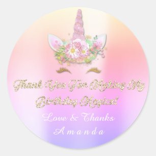 Sticker Rond Unicorn Pink Party Favoriser Merci Pastel Ombre