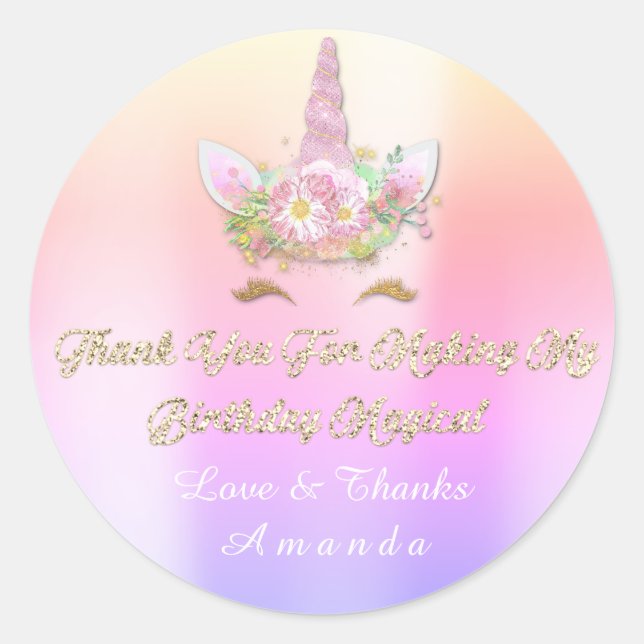 Sticker Rond Unicorn Pink Party Favoriser Merci Pastel Ombre (Devant)