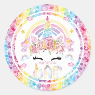 Sticker Rond Unicorn Rainbow Personnalisé Premier anniversaire