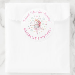 Sticker Rond Unicorn rose Ballerina Merci fête d'anniversaire