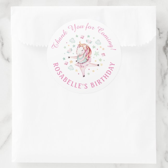 Sticker Rond Unicorn rose Ballerina Merci fête d'anniversaire (Sac)