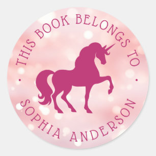Sticker Rond Unicorn rose clair livre bibliothèque livre étique