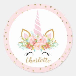 Sticker Rond Unicorn rose Floral Face Anniversaire Favoriser L'