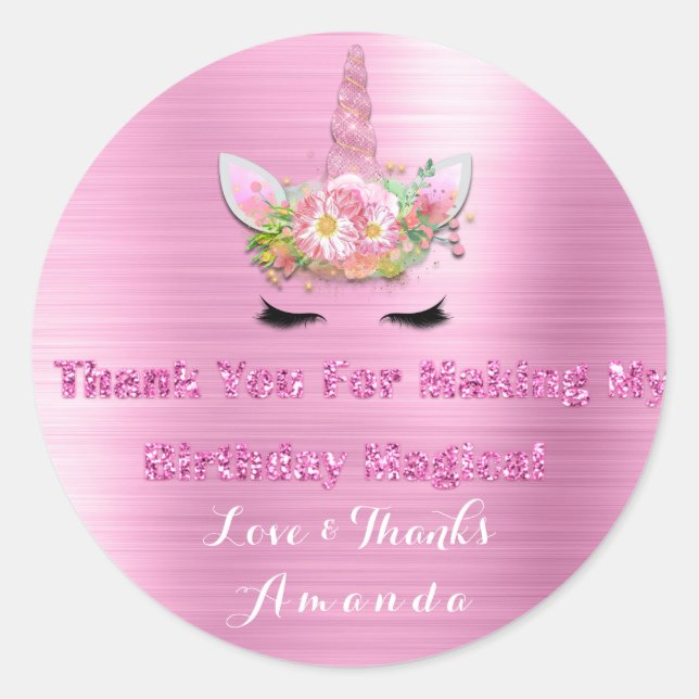 Sticker Rond Unicorn Rose Rose Party Favoriser Tag Merci Nom (Devant)