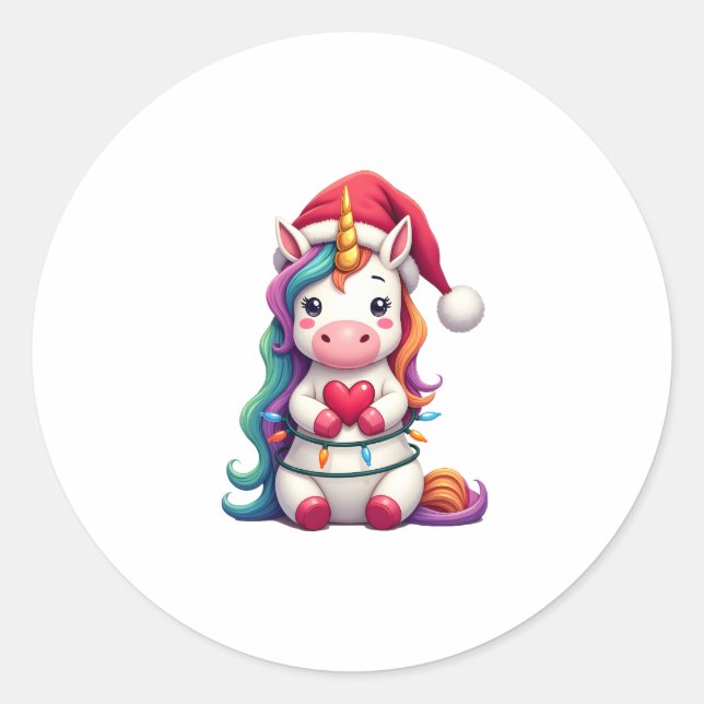 Sticker Rond Unicorn Santa Hat Christmas T-Shirt (4) (Devant)