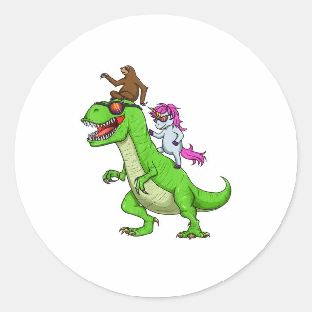 Sticker Rond Unicorn Sloth équitation Dinosaur T Rex Cute Fun (Devant)
