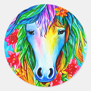 Sticker Rond Unicorne Abstraite Fleurs de visage aquarelle Art 