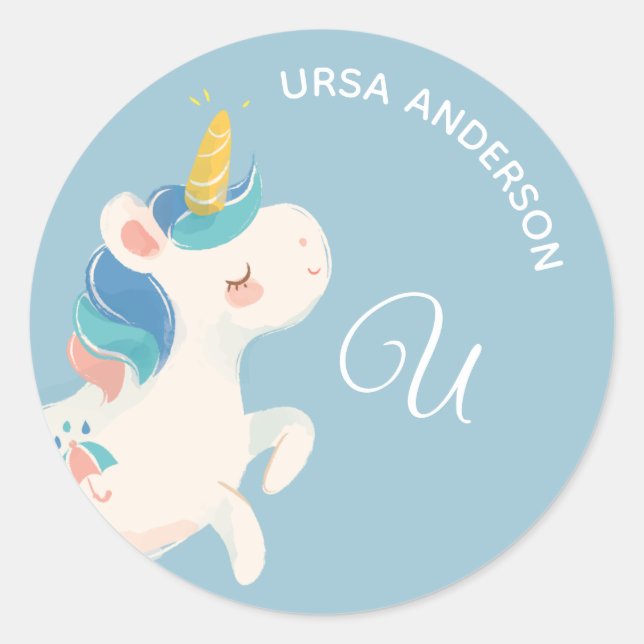 Sticker Rond Unicorne ・ Alphabet Monogram Cute School Daycare (Devant)
