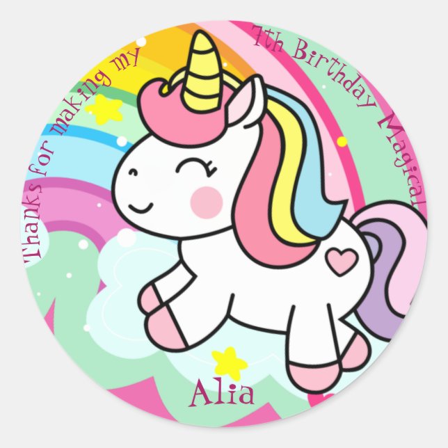 Sticker Rond Unicorne Anniversaire Personnalisé (Devant)