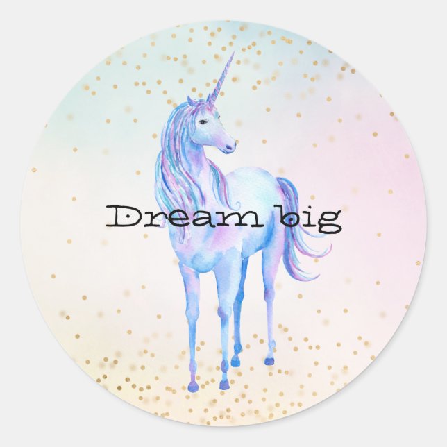 Sticker Rond Unicorne Aqua rose Jaune teint or Confetti (Devant)