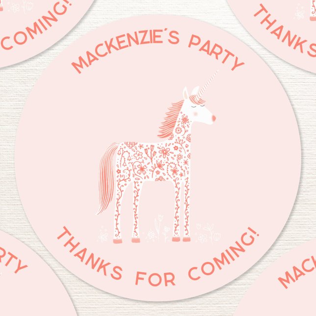 Sticker Rond Unicorne Blush rose Merci d'anniversaire (Fun unicorn blush pink custom text personalized kids birthday party thank you sticker)