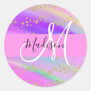 Sticker Rond Unicorne colorée Rainbow Gold Parties scintillant 