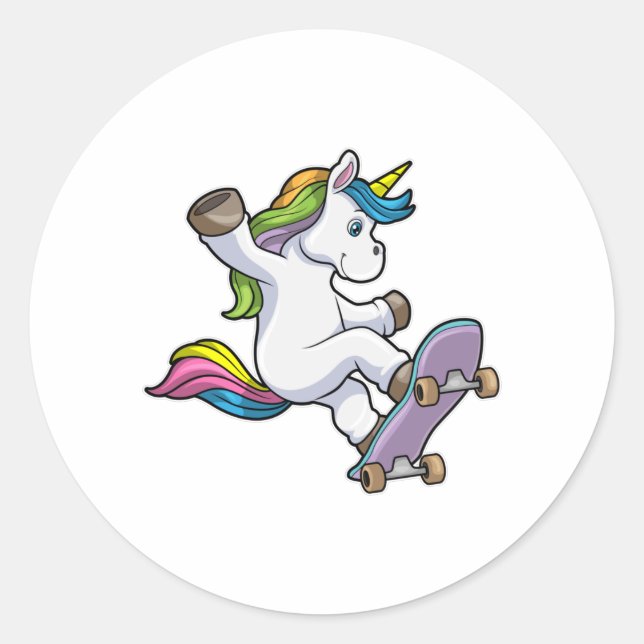 Sticker Rond Unicorne comme patineur avec skateboard (Devant)