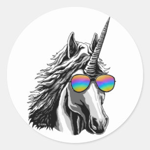 Sticker Rond Unicorne Cool avec lunettes de soleil arc-en-ciel