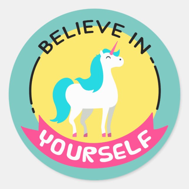 Sticker Rond Unicorne "Croyez en vous-même" dessin de motivatio (Devant)