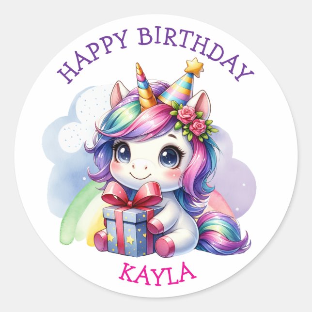 Sticker Rond Unicorne d'anniversaire de la fille personnalisée (Devant)